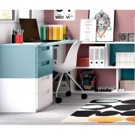 Dormitorio juvenil formado por cama abatible, escritorio y módulos auxiliares