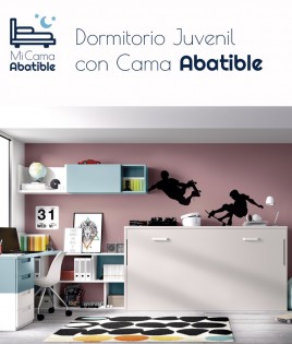 Dormitorio juvenil formado por cama abatible, escritorio y módulos auxiliares