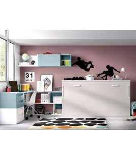 Dormitorio juvenil formado por cama abatible, escritorio y módulos auxiliares