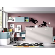 Dormitorio juvenil formado por cama abatible, escritorio y módulos auxiliares