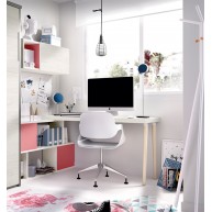 Dormitorio juvenil formado por cama abatible matrimonial, escritorio y estantes