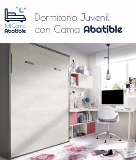 Dormitorio juvenil formado por cama abatible matrimonial, escritorio y estantes