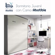 Dormitorio juvenil formado por cama abatible matrimonial, escritorio y estantes