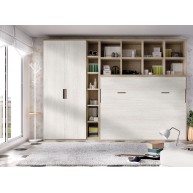 Dormitorio juvenil formado por cama abatible matrimonial con estantería superior y armario