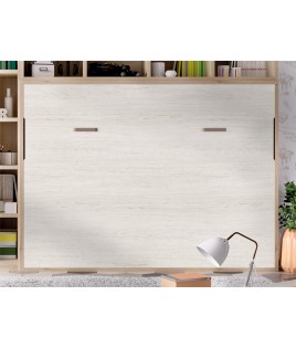 Dormitorio juvenil formado por cama abatible matrimonial con estantería superior y armario