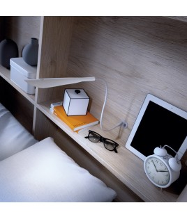 Dormitorio juvenil formado por cama abatible matrimonial con estantería superior y armario