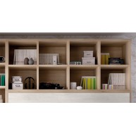 Dormitorio juvenil formado por cama abatible matrimonial con estantería superior y armario