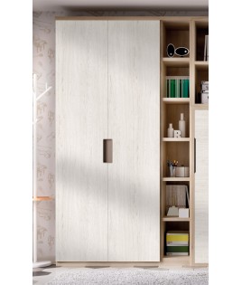 Dormitorio juvenil formado por cama abatible matrimonial con estantería superior y armario