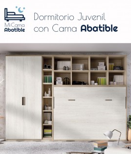 Dormitorio juvenil formado por cama abatible matrimonial con estantería superior y armario