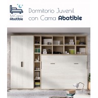 Dormitorio juvenil formado por cama abatible matrimonial con estantería superior y armario