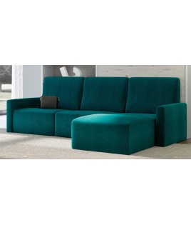 Salón moderno formado por cama abatible matrimonial, estantería y sofá con chaiselongue