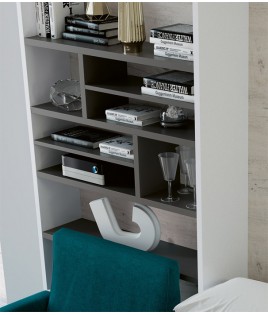 Salón moderno formado por cama abatible matrimonial, estantería y sofá con chaiselongue