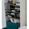 Salón moderno formado por cama abatible matrimonial, estantería y sofá con chaiselongue