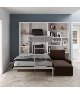Salón moderno formado por Litera Abatible Vertical con cama Matrimonial, estantería y sofá con chaiselongue