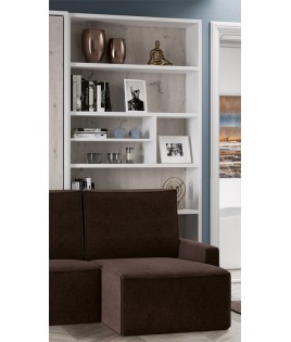 Salón moderno formado por Litera Abatible Vertical con cama Matrimonial, estantería y sofá con chaiselongue