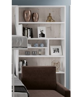 Salón moderno formado por Litera Abatible Vertical con cama Matrimonial, estantería y sofá con chaiselongue