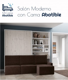 Salón moderno formado por Litera Abatible Vertical con cama Matrimonial, estantería y sofá con chaiselongue