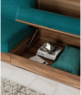 Salón moderno formado por Litera Abatible Vertical con cama Matrimonial, estantería y sofá con chaiselongue