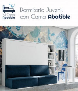 Dormitorio Juvenil formado por cama abatible matrimonial, estantería, escritorio y sofá