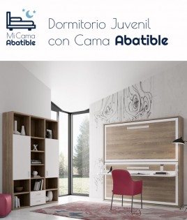 Dormitorio juvenil formado por Litera abatible con escritorio y mueble estantería