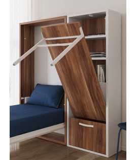 Dormitorio juvenil formado por cama abatible y estantería con mesa de estudio abatible