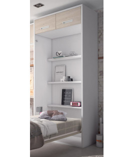 Dormitorio juvenil formado por 2 camas abatibles verticales con altillo y estantería central