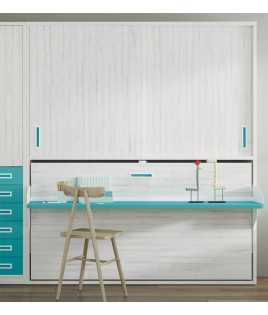 Dormitorio juvenil formado por cama abatible con escritorio, altillo y armario rincón