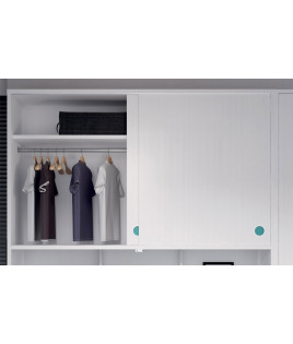 Dormitorio juvenil formado por cama abatible con escritorio, altillo y armario rincón