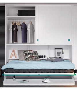 Dormitorio juvenil formado por cama abatible con escritorio, altillo y armario rincón
