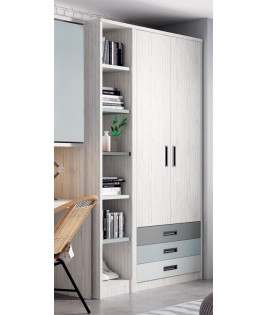 Dormitorio juvenil formado por cama abatible superior, escritorio zona inferior, estantería y armario