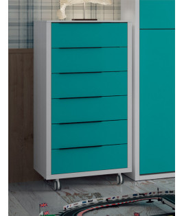 Dormitorio juvenil formado por litera abatible, estantería y xifonier