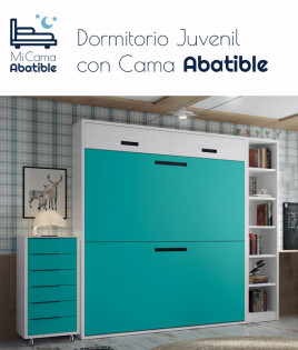 Dormitorio juvenil formado por litera abatible, estantería y xifonier
