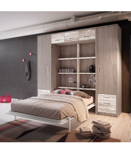 Dormitorio juvenil formado por cama abatible vertical matrimonial con altillo y armarios a los lados