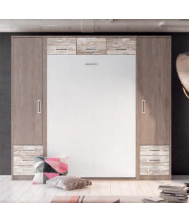 Dormitorio juvenil formado por cama abatible vertical matrimonial con altillo y armarios a los lados