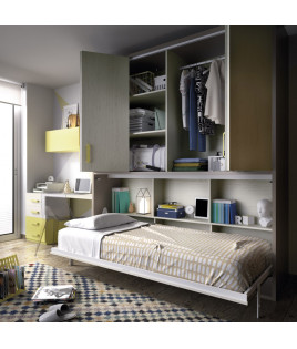 Dormitorio juvenil formado por cama abatible con armario superior y escritorio