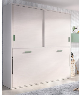 Dormitorio cama abatible con armario superior, escritorio y módulos estantes