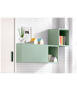 Dormitorio cama abatible con armario superior, escritorio y módulos estantes