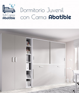 Dormitorio juvenil formado por cama abatible con armario superior y armario de 2 puertas
