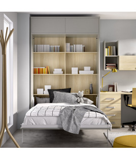 Dormitorio juvenil formado por cama abatible matrimonial con altillo y escritorio