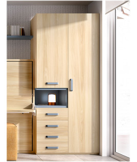 Dormitorio juvenil formado por cama abatible matrimonial con escritorio, armario de 2 puertas y estante