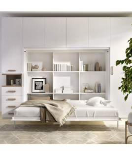 Dormitorio juvenil formado por cama abatible matrimonial con altillo y armarios a los lados