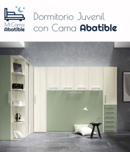 Dormitorio juvenil formado por cama abatible de matrimonio con armario superior y armario rincó