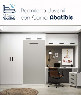 Dormitorio juvenil formado por cama abatible vertical con altillo, puente, armario y escritorio