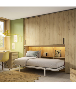 Dormitorio juvenil formado por cama abatible con armario superior, armario y escritorio