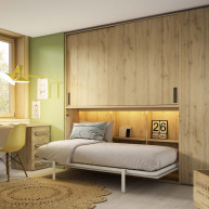 Dormitorio juvenil formado por cama abatible con armario superior, armario y escritorio