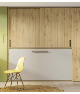 Dormitorio juvenil formado por cama abatible con armario superior, armario y escritorio