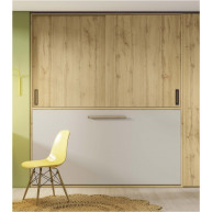 Dormitorio juvenil formado por cama abatible con armario superior, armario y escritorio