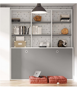 Dormitorio juvenil formado por cama abatible con estantería superior y armario