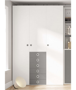 Dormitorio juvenil formado por cama abatible con estantería superior y armario