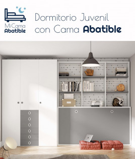 Dormitorio juvenil formado por cama abatible con estantería superior y armario